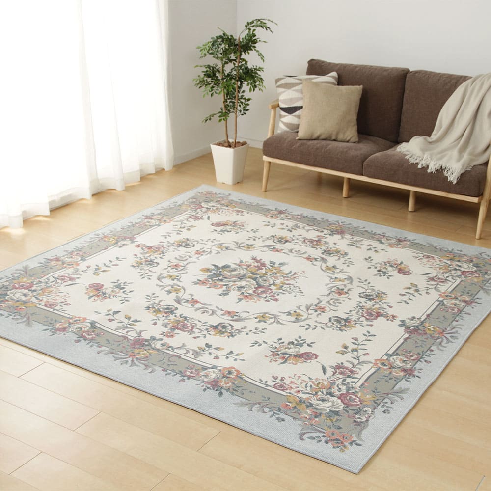 ゴブランシェニールラグ ブーケ 約230×230cm グレー 【直送品】 返品・キャンセル・他商品と同時購入は不可