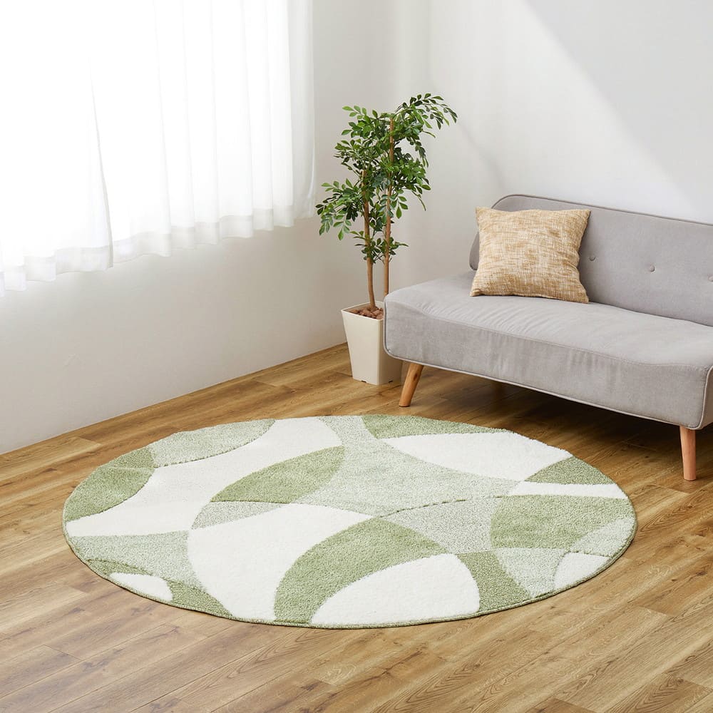 北欧柄の国産高機能ラグ ジャスト 円形 グリーン 直径180cm メーカー直送 ▼返品・キャンセル不可【他商品との同時購入不可】