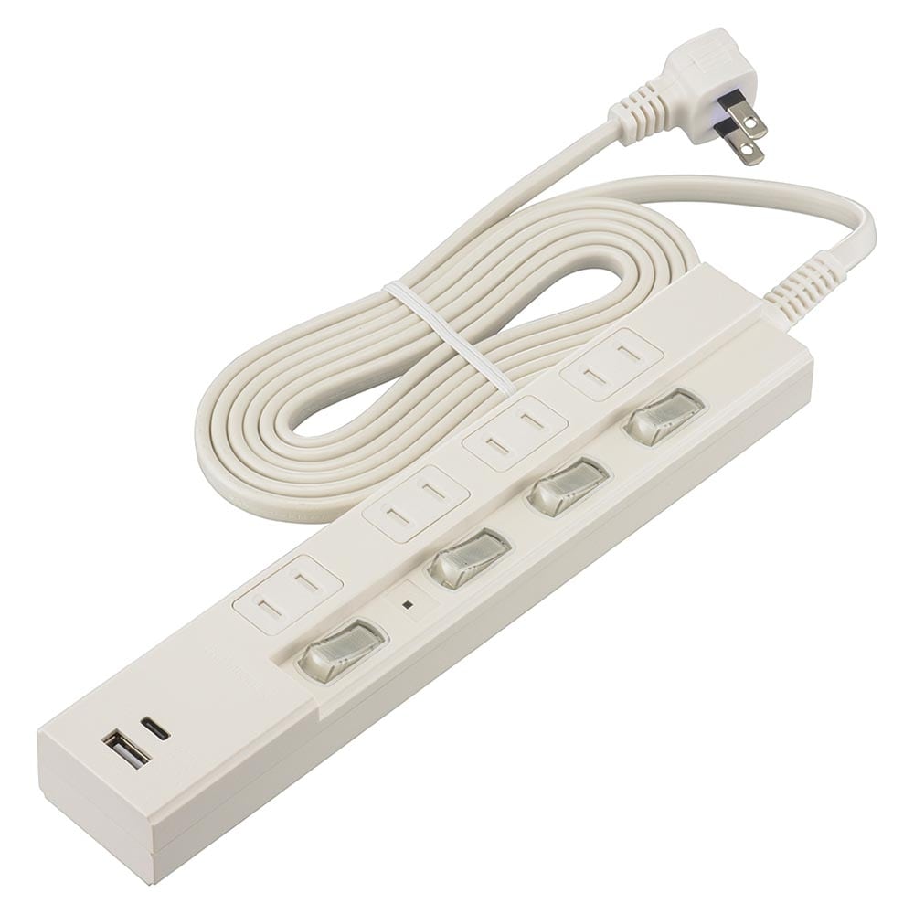 オーム電機 4個口節電タップ雷ガードPD対応C，Aポート付2m