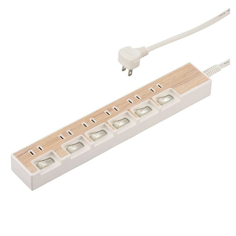 オーム電機 節電タップ 6個口 木目調 1.5m ホワイト