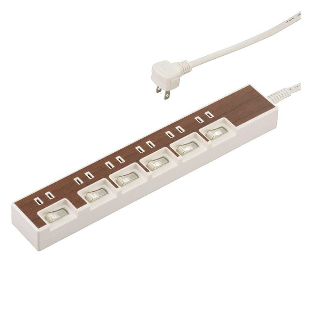 オーム電機 節電タップ 6個口 木目調 1.5m ブラウン