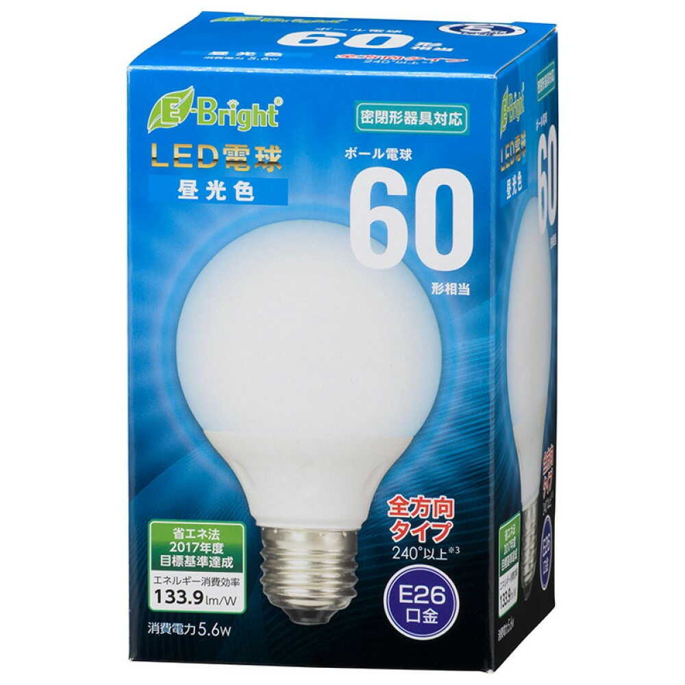 オーム電機 LED電球 ボール電球形 E26 60形相当 昼光色