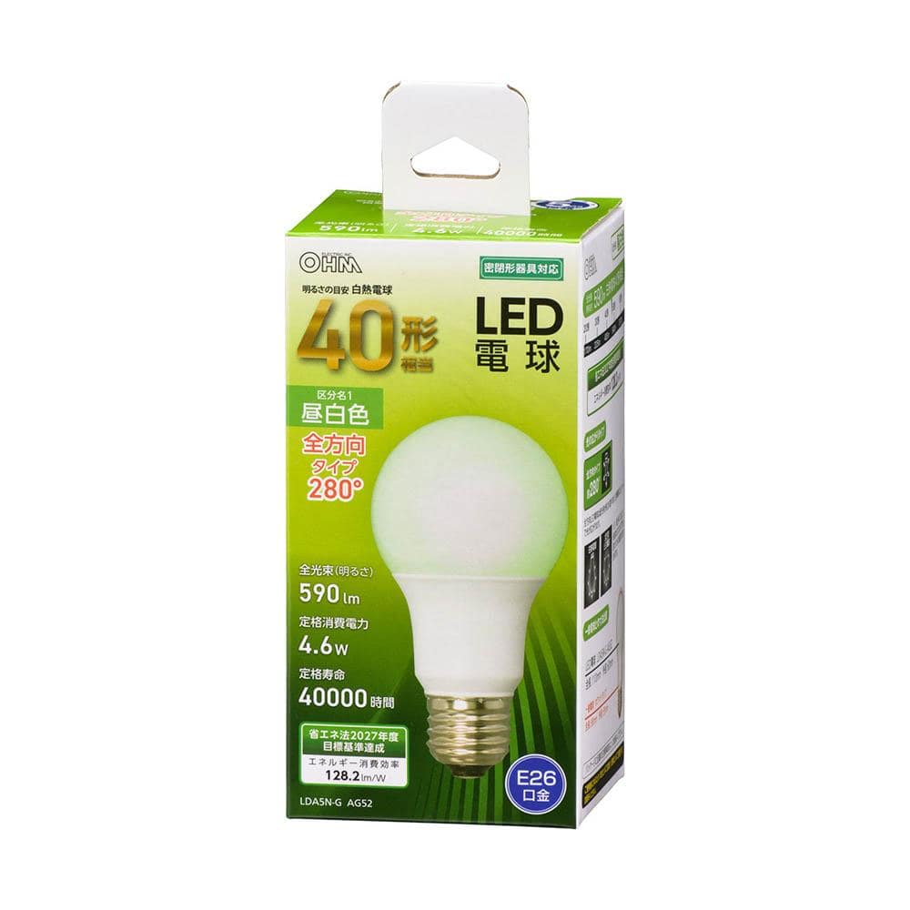 オーム電機 LED電球 A型 E26 40W