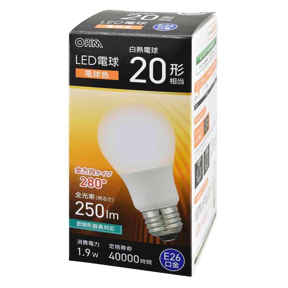 オーム電機 LED電球 E26 20形相当 電球色 1個