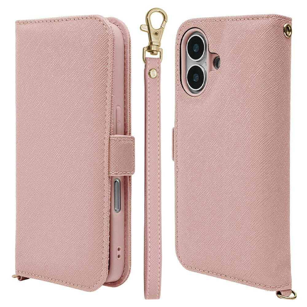 テレホンリース iPhone16 ストラップ付手帳型 ライトピンク 8090IP461BHSLPK