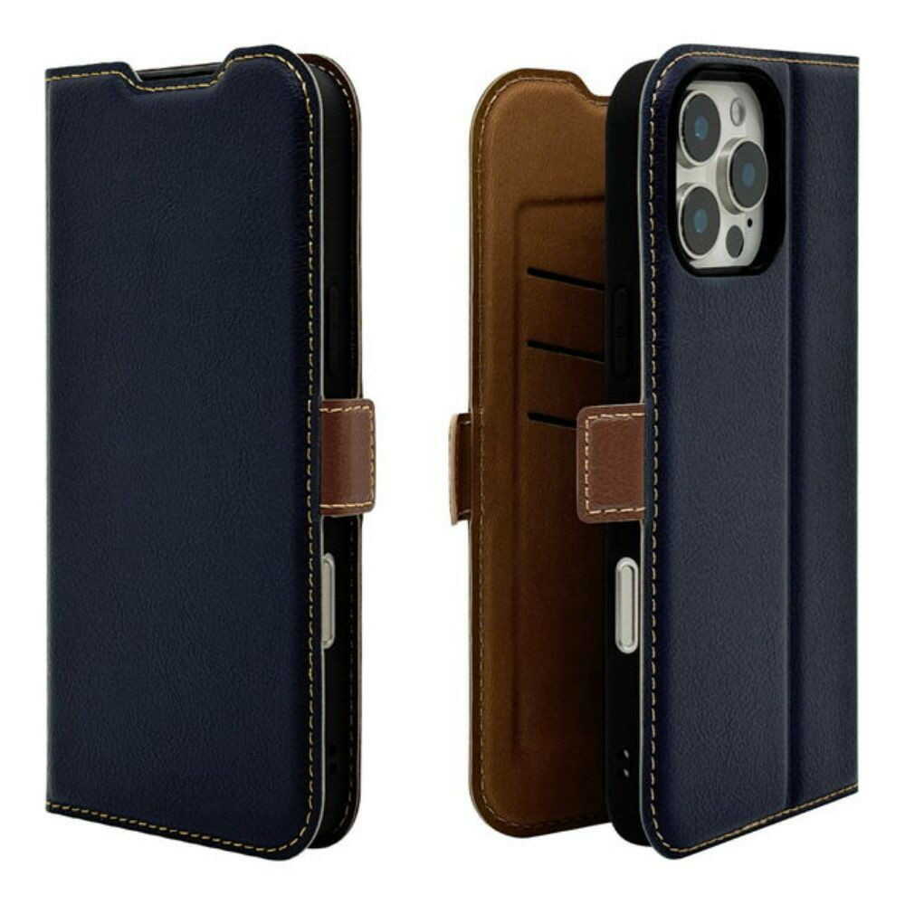 テレホンリース iPhone16ProMax 手帳型カバー 薄型 ネイビー×ブラウン