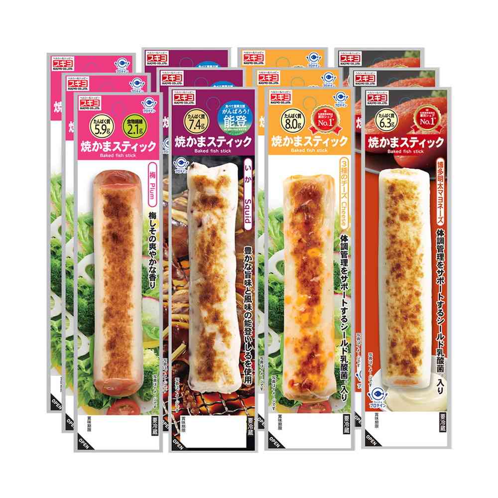 ◆[冷蔵] スギヨ 焼かまスティック 4種全12本セット（梅・いか・3種のチーズ・博多明太マヨ）4種全12本セット[直送品・クール便] 返品・キャンセル・他商品と同時購入は不可