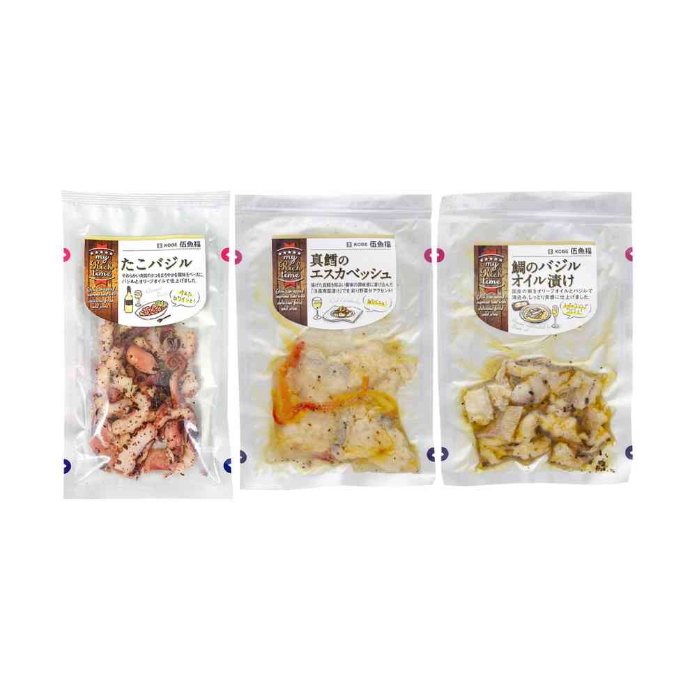 ◆[冷蔵] 伍魚福 my Rich time 3種セット（各1個）（たこバジル・真鱈のエスカベッシュ・鯛のバジルオイル漬け）3種セット（各1個）[直送品・クール便] 返品・キャンセル・他商品と同時購入は不可