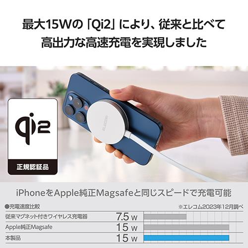 エレコム(ELECOM) W-MA05SV シルバー マグネットQi2規格対応ワイヤレス充電器 メッシュ・15W・卓上