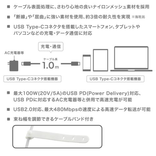 オーム電機(OHM) SMT-L10SCC100N(グレー) AudioComm さらさらUSBケーブル PD対応 Type-CtoC 1m