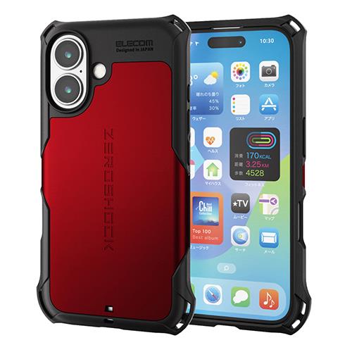 エレコム(ELECOM) PM-A24AZERORD レッド iPhone16用ケース ハイブリッド 衝撃吸収 カメラレンズ保護設計 フィルム付