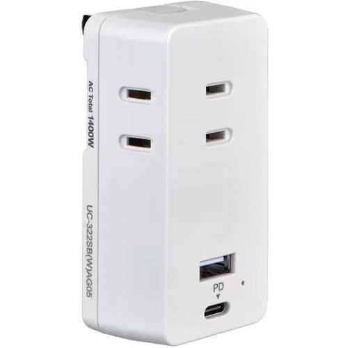 エルパ(ELPA) UC-322SB-W ホワイト 電源タップ AC3個口 USB-A×1 PD対応USB-C×1 雷ガード