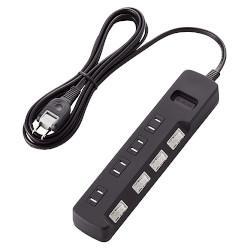 エレコム(ELECOM) T-K6A-2425BK ブラック ほこり防止付雷ガードタップ 延長コード 2ピン 4個口 2.5m