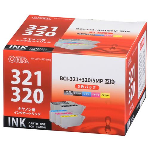 オーム電機(OHM) INK-C321+320-5PNB キヤノン互換 インクカートリッジ 5MP 顔料BK+染料4色(BK/C/M/Y)