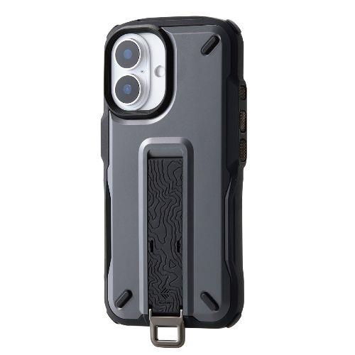 エレコム(ELECOM) PM-A24ANESTGY(グレー) iPhone 16 ケース ハイブリッド 衝撃吸収 ストラップホール付 フィンガーベルト付 NESTOUT