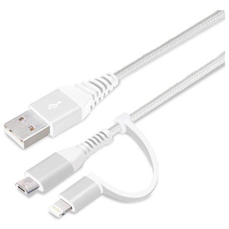 PGA PG-LMC01M02WH(ホワイト&シルバー) 2in1 USBタフケーブル(Lightning&micro) 15cm