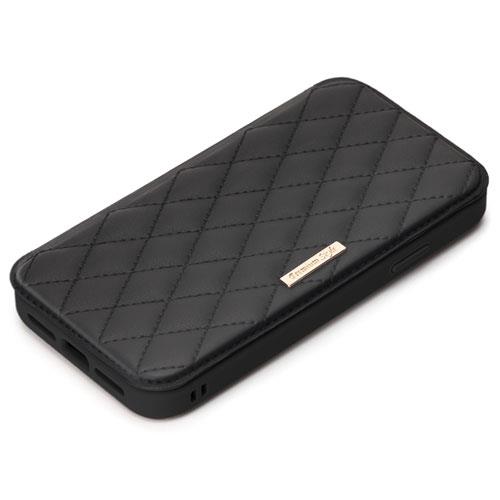 PGA PG-21JGF03BK キルティング調ブラック iPhone 13 mini用 手帳型カバー ｶﾞﾗｽﾌﾘｯﾌﾟｹｰｽ