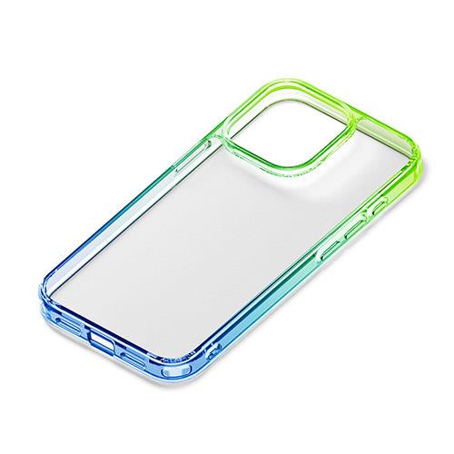 PGA iPhone15 Pro用 グラデーションハイブリッドケース グリーン×ブルー