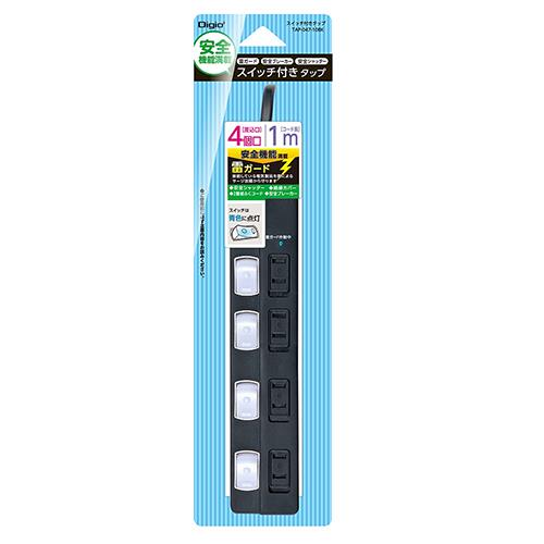 ナカバヤシ TAP-047-10BK(ブラック) 安全機能満載スイッチ付OAタップ 4個口 1m