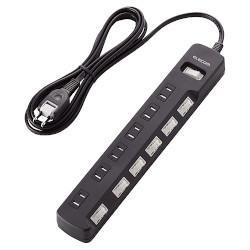 エレコム(ELECOM) T-K8A-2625BK ﾌﾞﾗｯｸ 雷ガードタップ 一括&個別ｽｲｯﾁ付 延長コード 2ピン 6個口 2.5m