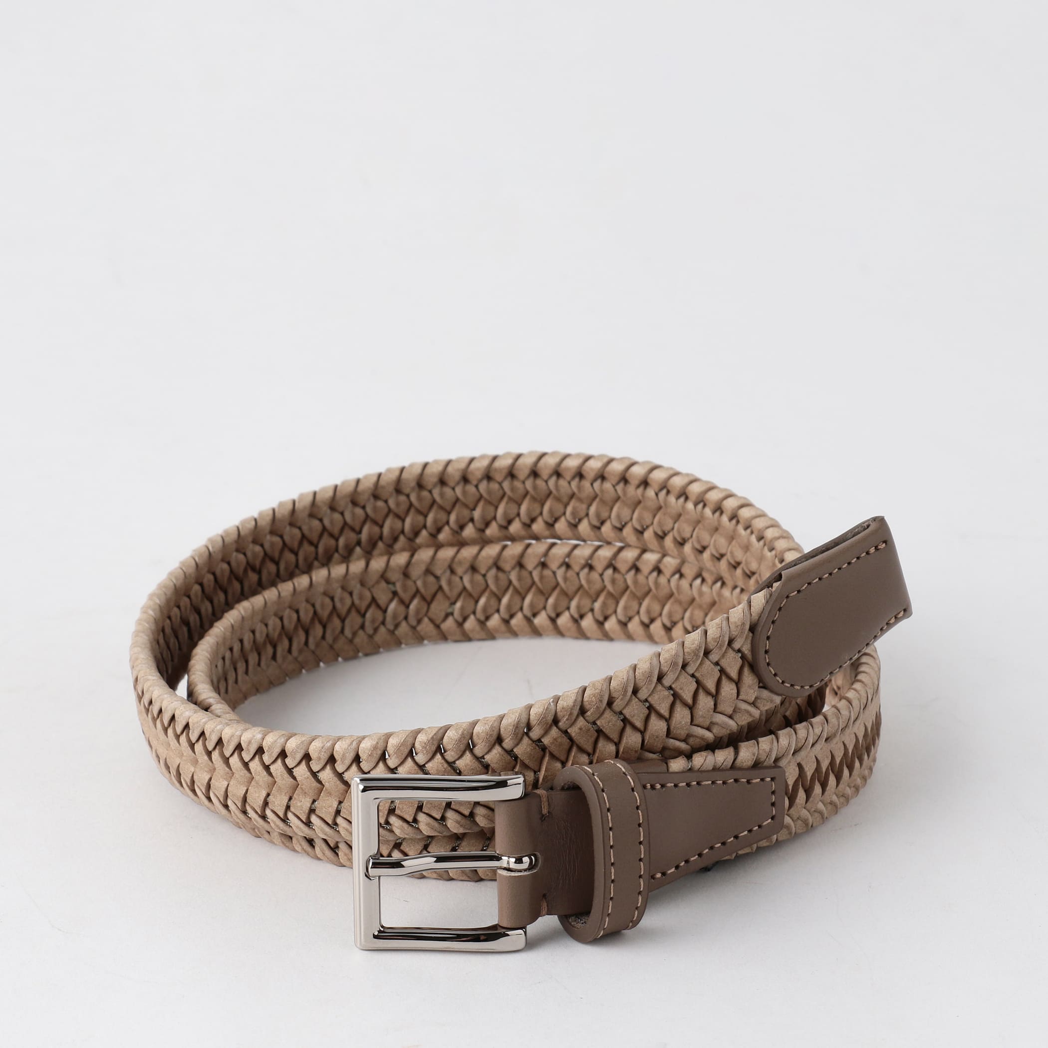 【ラルコバレーノ】25mm レザーエラスティックメッシュベルト GREIGE M