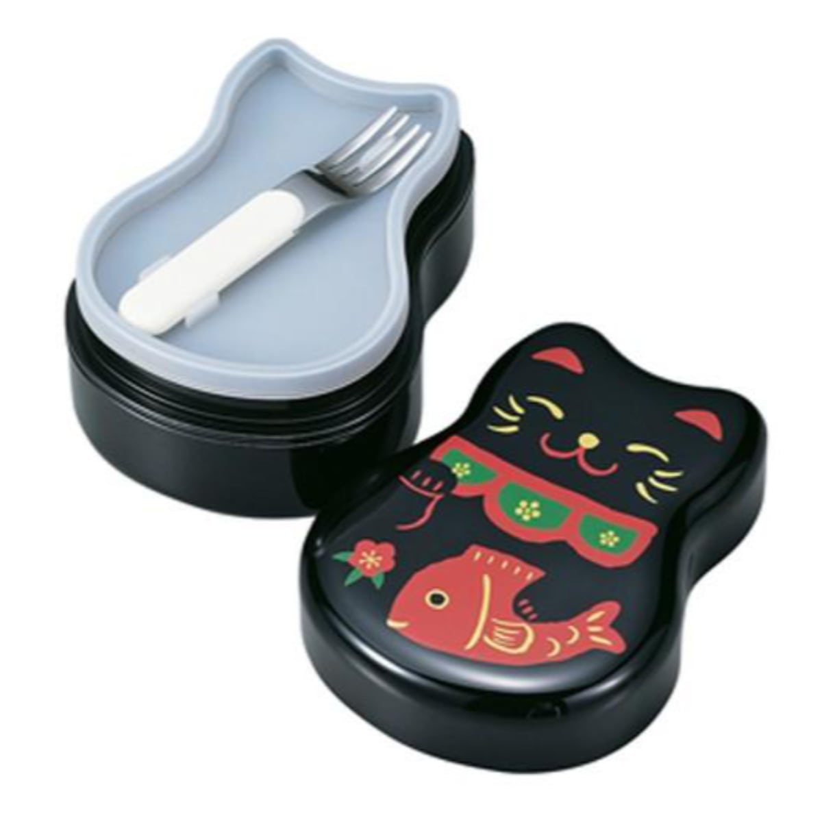 お弁当箱 2段 HAKOYA ねこしぐさ 丸子二段弁当 520ml フォーク付き シール蓋付き 入子式 日本製 白まねきねこ ( ダイカット 保存容器 ランチボックス 弁当箱 ダイカット弁当 入子 フォーク バンド付き かわいい ) 【黒まねきねこ】 黒まねきねこ