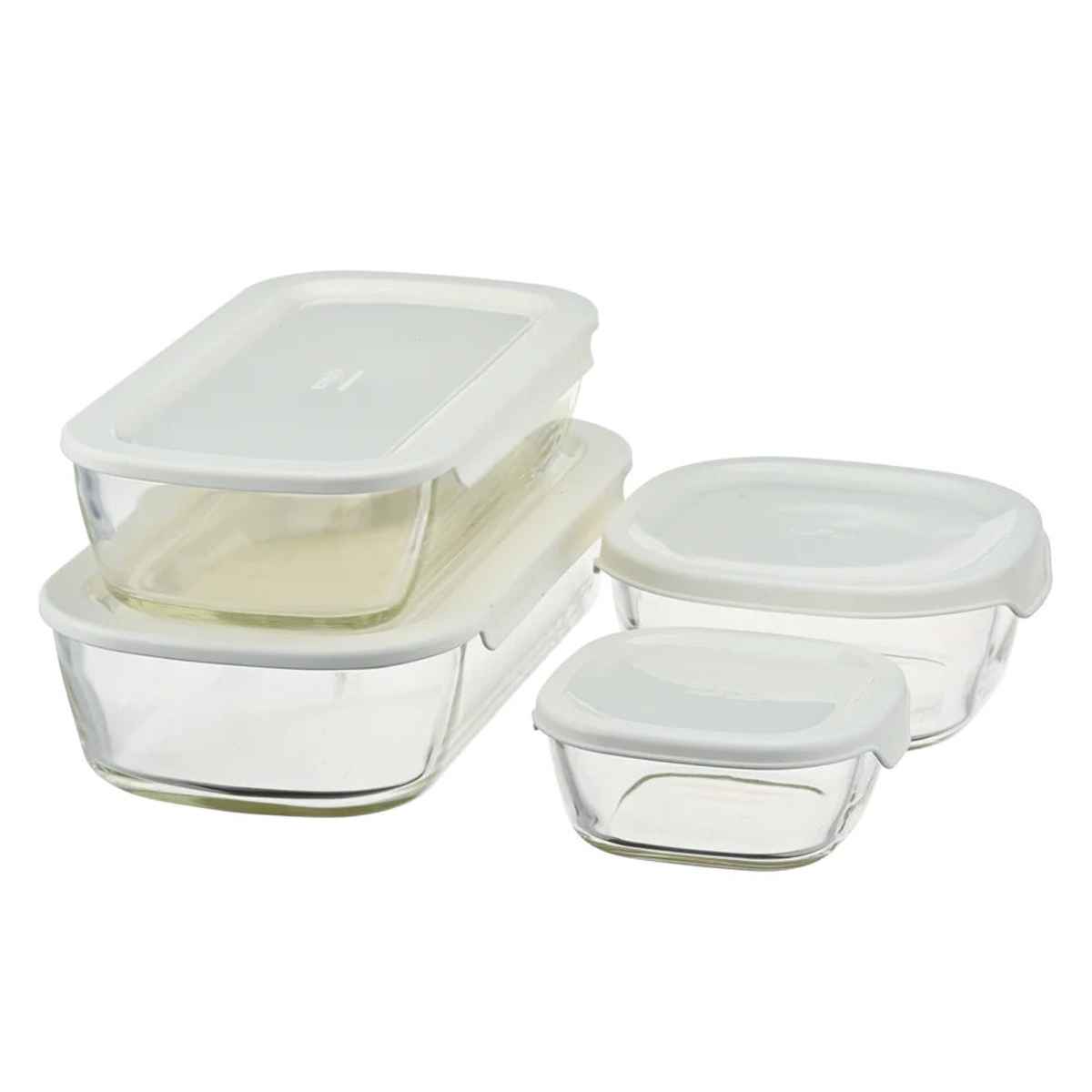 ハリオ 保存容器 250ml 600ml 900ml 1.4L スタッキング耐熱ガラスコンテナ 4個セット ( HARIO 耐熱ガラス ガラス 電子レンジ対応 食洗機対応 オーブン対応 日本製 耐熱容器 保存 容器 ガラス容器 食品保存 積み重ね 耐熱 )