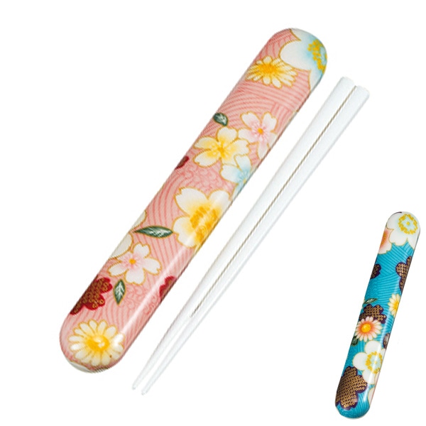 箸＆箸箱セット 日本製 布貼箸箱セット HAKOYA（ハコヤ） 18cm 加賀桜 （ お弁当用 弁当用箸 ランチグッズ HAKOYAハコヤ 和柄 おはし ケース付 和風 ） 【 ブルー 】