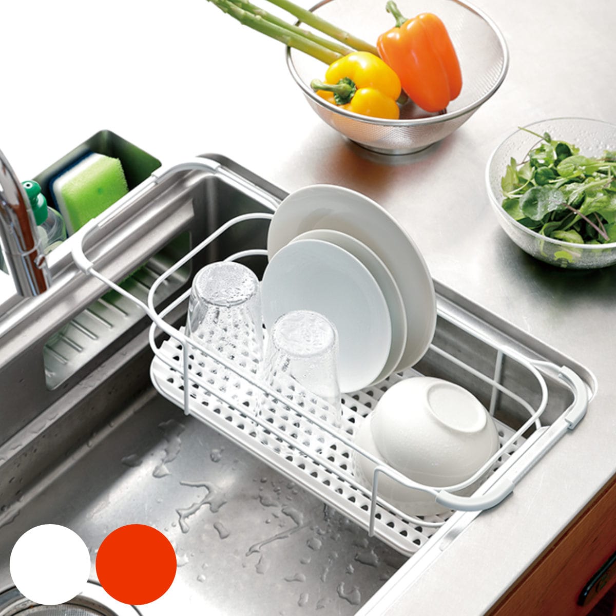 水切りラック シンクラック リベラリスタ （ シンク上 スリム 水切りかご 水切りカゴ 水切りバスケット 伸縮 ディッシュラック 調理台 シンクサイド シンク 渡し 水切り籠 乾燥 洗物 食器洗い 洗い物 シンク回り シンク内 水切り ） 【レッド】
