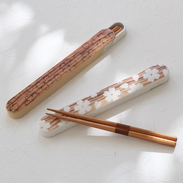 箸箱セット HAKOYA 桜木目 スクエア 黒炭 箸 箸箱 ケース 18cm （ お箸 桜 カトラリー レディース お弁当用カトラリー はこや 天然木 ランチ 弁当 花柄 シンプル かわいい ピクニック 遠足 ランチ 女子 女の子 女性 女 ） 【 ホワイト 】