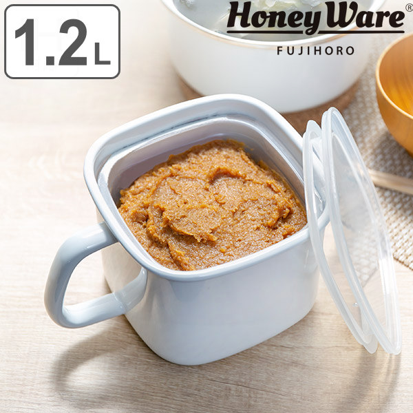 味噌ポット ホーロー製 ハンドル付き 1.2L 富士ホーロー 保存容器 （ HoneyWare 味噌ポット みそ容器 おしゃれ ストッカー 容器 持ち手付き フードコンテナ 調味料容器 食品保存 白 ホワイト ）