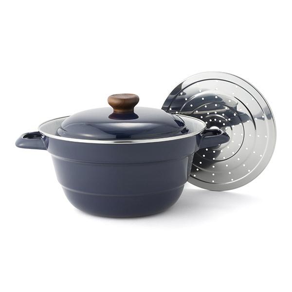 鍋 IH対応 27cm 富士ホーロー Honey Ware オールインワン スノコ付 （ ガス火対応 両手鍋 卓上鍋 27センチ キャセロール 琺瑯鍋 万能鍋 多機能鍋 調理鍋 ほうろう鍋 両手なべ おしゃれ ハニーウェア ）【 ネイビー 】