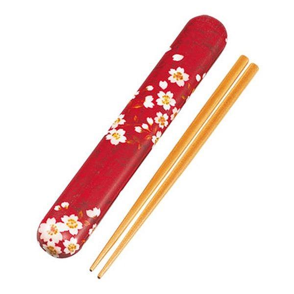 箸＆箸箱セット 布貼箸箱セット 桜うさぎ HAKOYA 18cm カトラリー （ 箸 箸箱 桜 和柄 はし ケース はし箱 お箸 ハコヤ はこや 和 携帯用カトラリー お弁当用 お弁当グッズ ランチグッズ 和風 子供用 大人 天然木 ） 【 赤 】