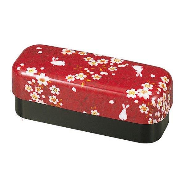 お弁当箱 2段 布貼スリムコンパクト弁当 桜うさぎ HAKOYA 510ml 入れ子 （ 弁当箱 ランチボックス 食洗機対応 レンジ対応 入れ子式 和 食洗機OK レンジOK 弁当 二段 二段弁当箱 長方形 長角型 はこや ハコヤ ランチベルト付き ） 【 赤 】