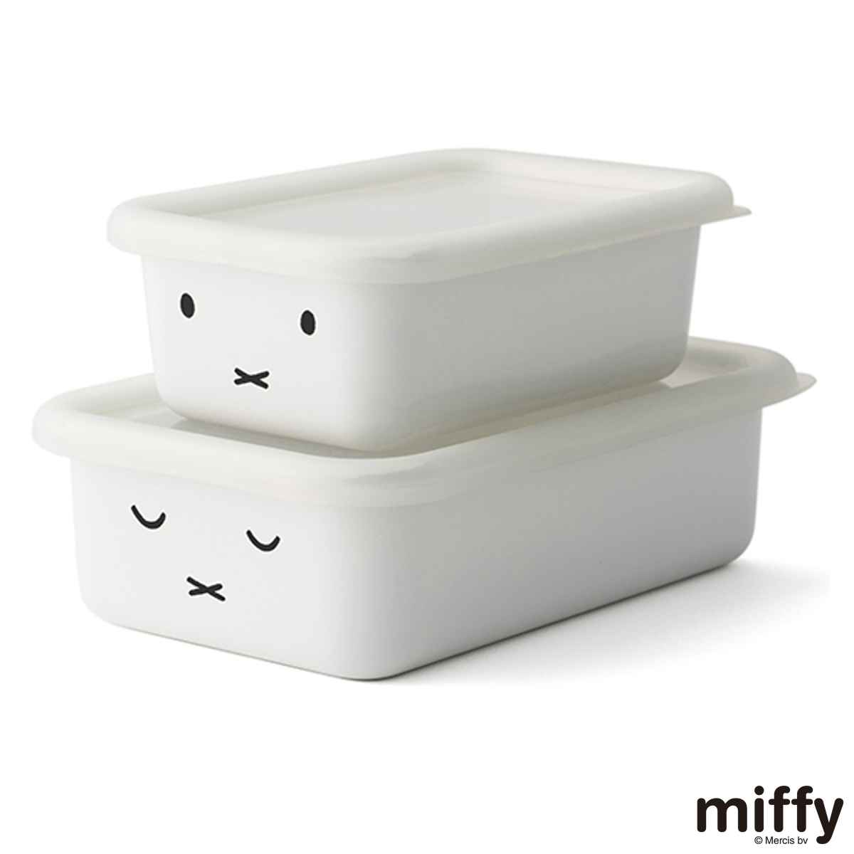 保存容器 ホーロー製 浅型 角容器 2点セット ミッフィー 富士ホーロー HoneyWere （ ホーロー容器 琺瑯容器 深型容器 食洗機対応 オーブン対応 冷凍 冷蔵 角型容器 ストッカー スクエア フードコンテナ 食品保存 おしゃれ 白 miffy ）