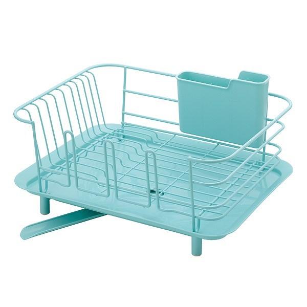 水切りラック ディッシュドレイナー リベラリスタ スチール製 （ 水切りかご 水切りカゴ 水切りバスケット カトラリーポケット付き 自動排水 水捨て不要 シンク上 シンクサイド 洗い物 水切りセット ） 【 ブルーグリーン 】