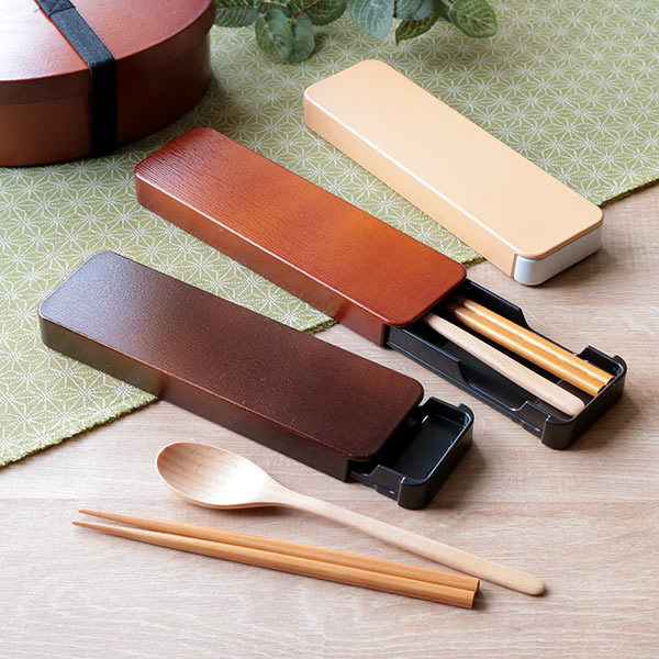 コンビセット 18cm 箸 スプーン 木目 （ 箸＆スプーン カトラリーセット お箸 和風 スライド式 18センチ お弁当用 持ち運び 携帯用 弁当 お弁当 大人 男女兼用 おしゃれ 木製 ） 【 ベージュ 】