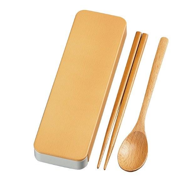 コンビセット 18cm 箸 スプーン 木目 （ 箸＆スプーン カトラリーセット お箸 和風 スライド式 18センチ お弁当用 持ち運び 携帯用 弁当 お弁当 大人 男女兼用 おしゃれ 木製 ） 【 ベージュ 】