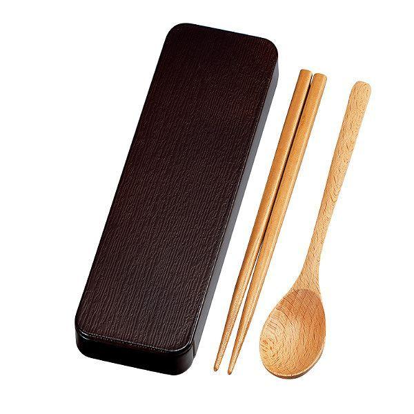 コンビセット 18cm 箸 スプーン 木目 （ 箸＆スプーン カトラリーセット お箸 和風 スライド式 18センチ お弁当用 持ち運び 携帯用 弁当 お弁当 大人 男女兼用 おしゃれ 木製 ） 【 ダークブラウン 】