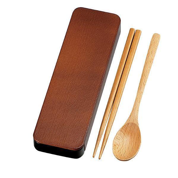 コンビセット 18cm 箸 スプーン 木目 （ 箸＆スプーン カトラリーセット お箸 和風 スライド式 18センチ お弁当用 持ち運び 携帯用 弁当 お弁当 大人 男女兼用 おしゃれ 木製 ） 【 ライトブラウン 】