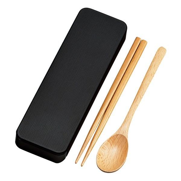 コンビセット 18cm 弁当 木目 スプーン 箸 スライド HAKOYA モノトーン （ 箸＆スプーン カトラリーセット 18センチ 天然木 木製 お箸 ケース付き スライド式 弁当 お弁当 持ち運び お弁当用 携帯用 ホワイト ブラック 日本製 ） 【 マットブラック 】