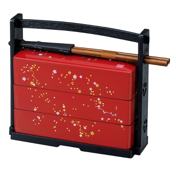 お弁当箱 3段 600ml さくら 野点弁当 HAKOYA （ 弁当箱 ランチボックス 箸付き 手提げ付き 三段 お弁当 弁当 二段弁当箱 仕切り付き 和風 和柄 日本製 ） 【 赤 】