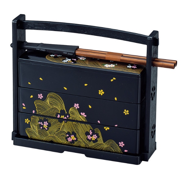 お弁当箱 3段 600ml さくら 野点弁当 HAKOYA （ 弁当箱 ランチボックス 箸付き 手提げ付き 三段 お弁当 弁当 二段弁当箱 仕切り付き 和風 和柄 日本製 ） 【 黒 】