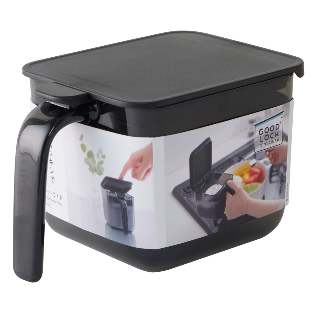 MARNA 調味料ポット ワイド 600ml GOOD LOCK CONTAINER （ 調味料入れ 砂糖 塩 密閉 保存 容器 ポット 大さじ1 スプーン付き 調味料ケース スパイス ストッカー パッキン付き マーナ グッドロックコンテナ ） 【ブラック】