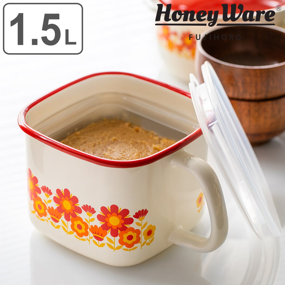 保存容器 1.5L メモリーズ 角型みそポット サンフラワー （ レトロ かわいい 花柄 ほうろう 琺瑯 ホーロー製 味噌容器 みそ容器 味噌ポット 保存器 琺瑯容器 ホーロー保存容器 ホーロー容器 オーブン対応 冷凍保存 直火対応 ）