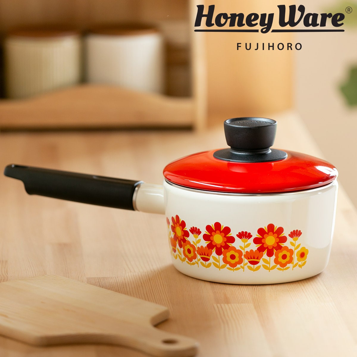ソースパン 16cm IH対応 メモリーズ サンフラワー 片手鍋 （ ガス火 IH 対応 ミルクパン 小鍋 ホーロー鍋 フタ付き 16センチ レトロ かわいい 花柄 ほうろう 琺瑯 ホーロー製 調理器具 ）