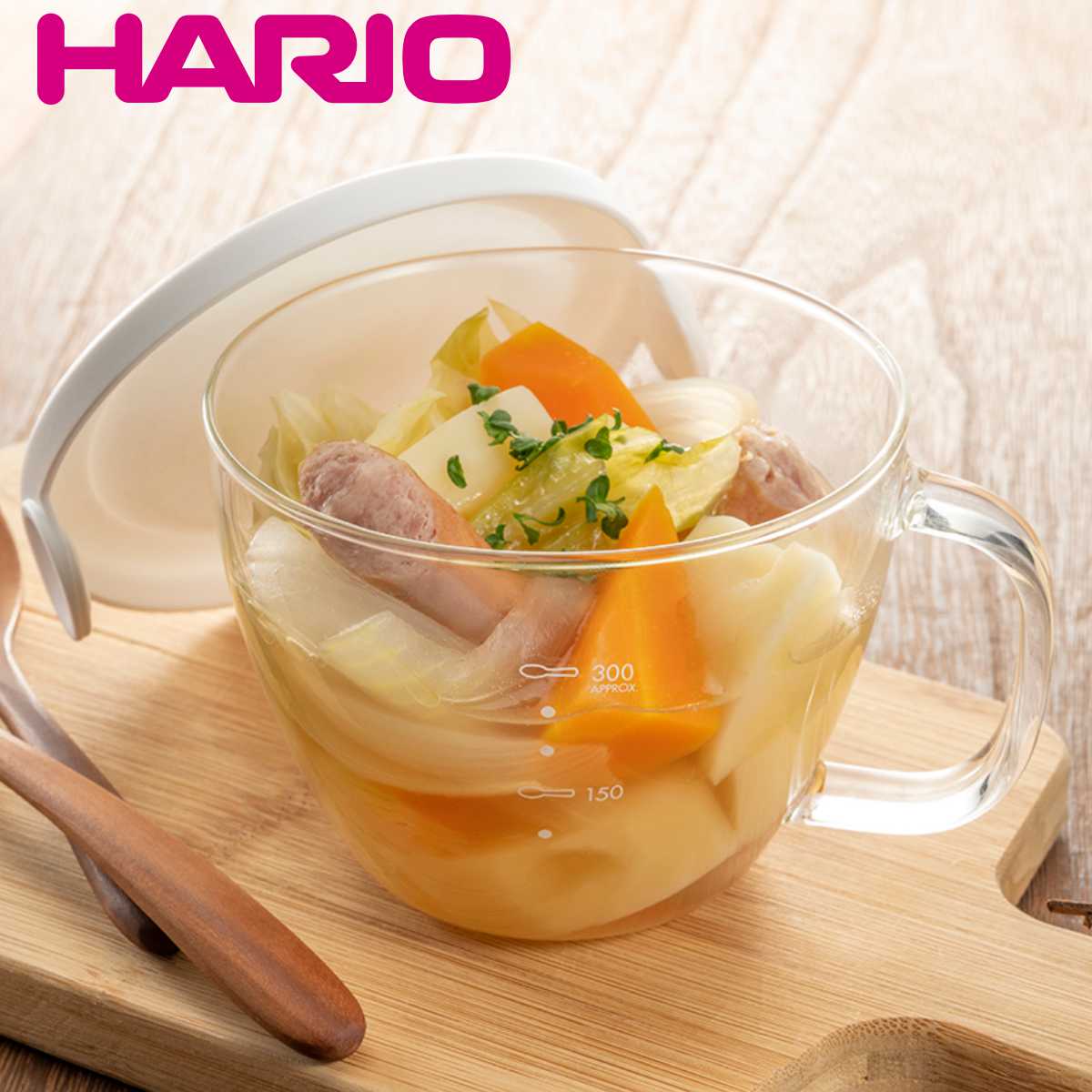 ハリオ 電子レンジ調理器 スープ用ガラスのレンジスープカップ （ HARIO スープカップ レンジ調理器 レンジ調理 ガラス製 食洗機対応 300ml メモリ付き メジャーカップ スープボウル 保存容器 電子レンジ料理 便利グッズ 朝食作り ）