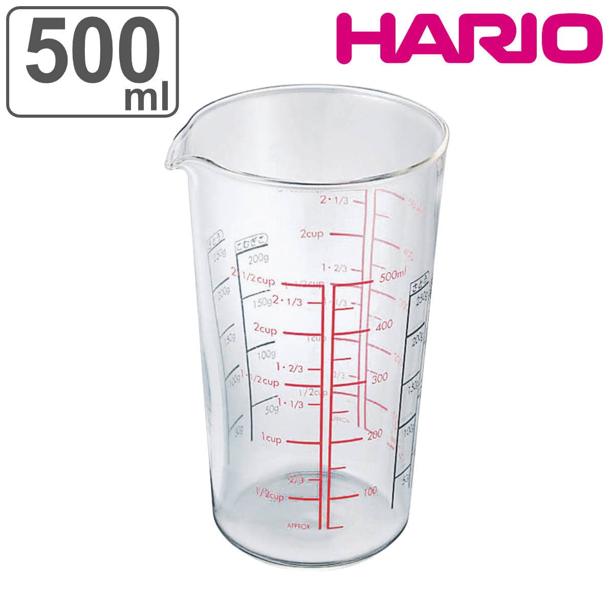 ハリオ メジャーカップ 500ml 耐熱ガラス （ HARIO 計量コップ メジャーコップ 熱湯OK 500cc ガラス製 電子レンジ対応 食洗機対応 レンジOK 計量器具 目盛り メモリ付き 両面メモリ 粉もはかれる 取っ手なし 下ごしらえ ）