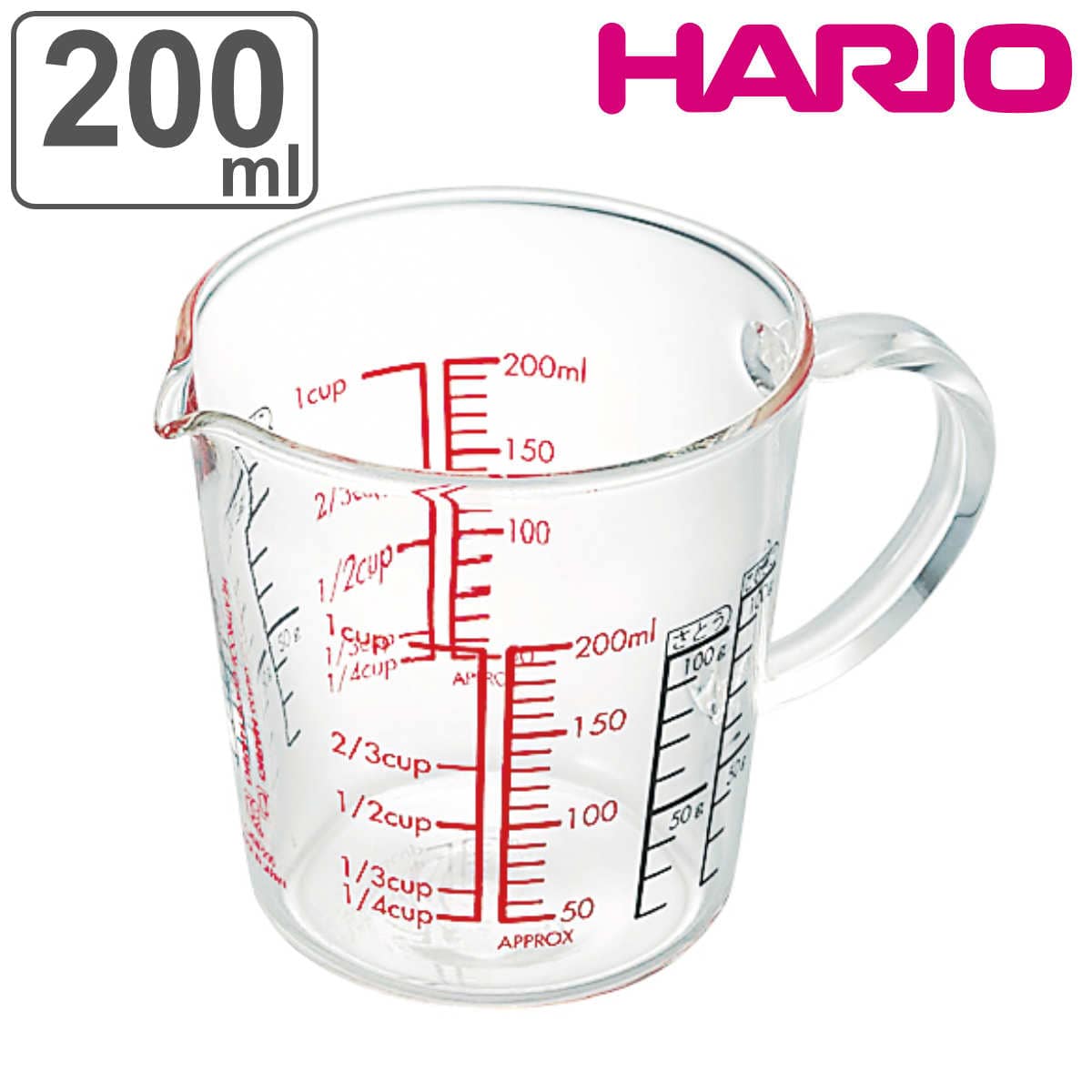 ハリオ メジャーカップ ワイド 200ml 耐熱ガラス （ HARIO 計量コップ メジャーコップ 熱湯OK 200cc ガラス製 電子レンジ対応 食洗機対応 レンジOK 計量器具 目盛り メモリ付き 両面メモリ 粉もはかれる 取っ手付き 下ごしらえ ）