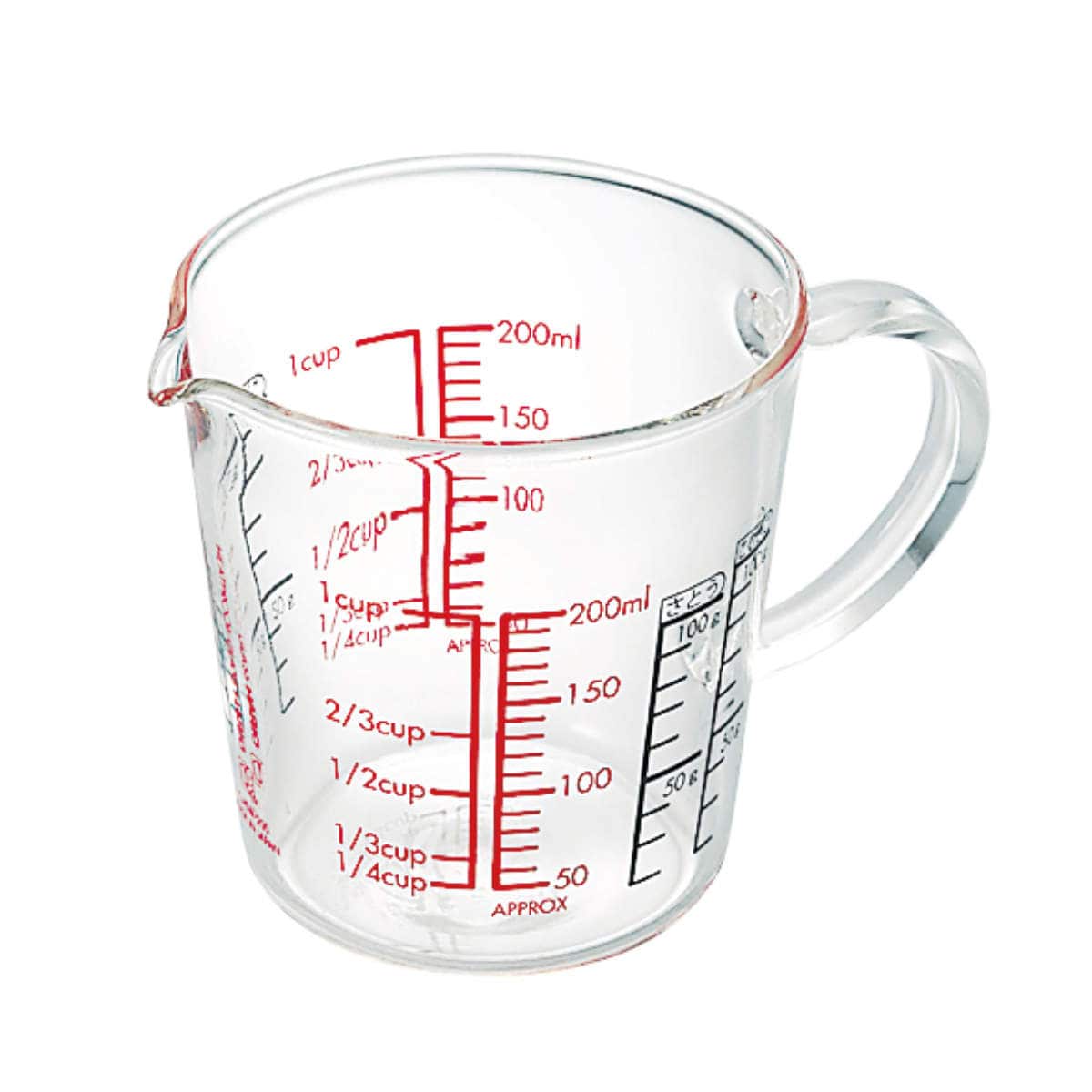 ハリオ メジャーカップ ワイド 200ml 耐熱ガラス （ HARIO 計量コップ メジャーコップ 熱湯OK 200cc ガラス製 電子レンジ対応 食洗機対応 レンジOK 計量器具 目盛り メモリ付き 両面メモリ 粉もはかれる 取っ手付き 下ごしらえ ）